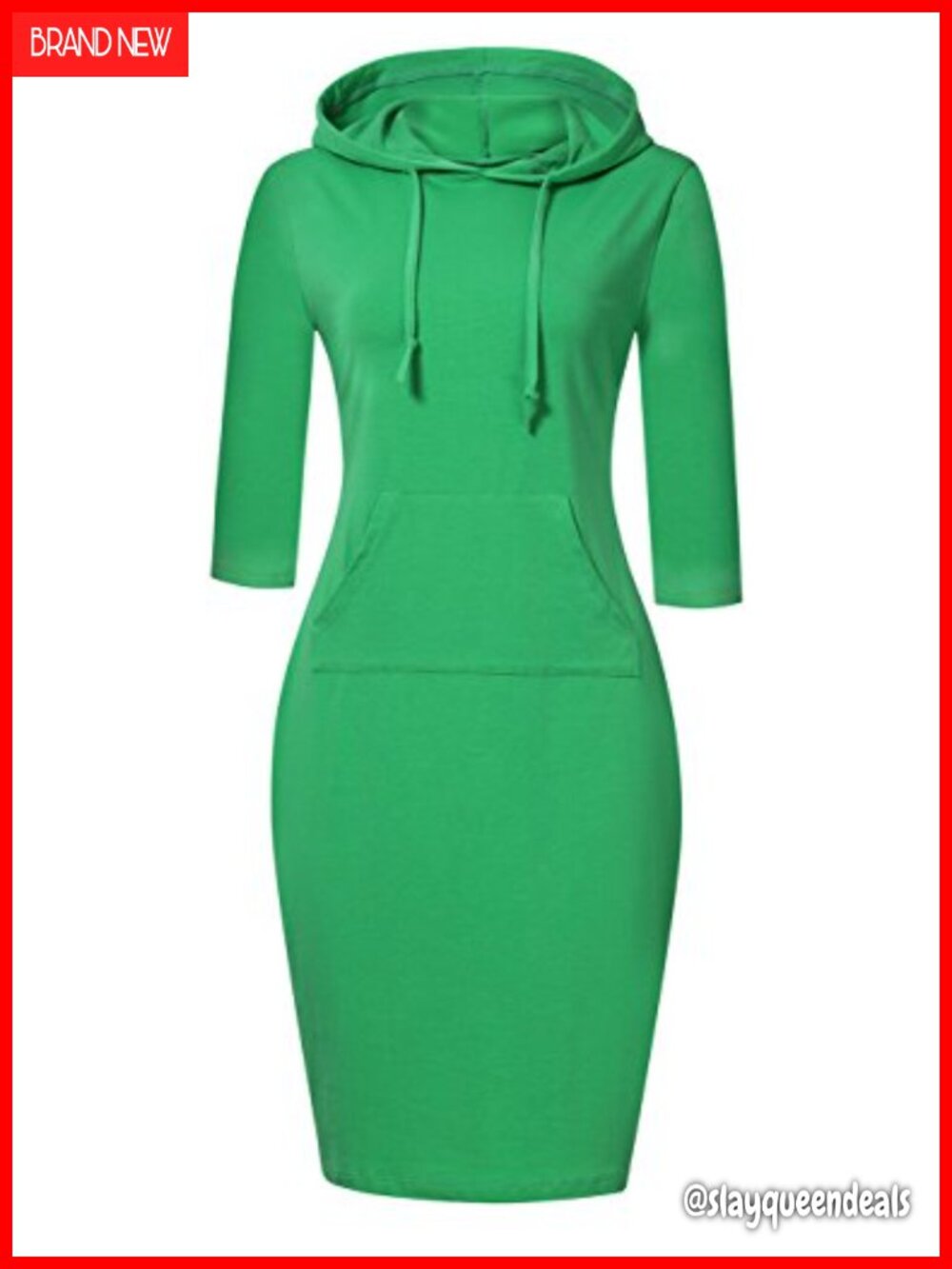 MISSKY Women's Hooded Sweatshirt Dress 3/4 Sleeve Cotton Pocket Knee Length